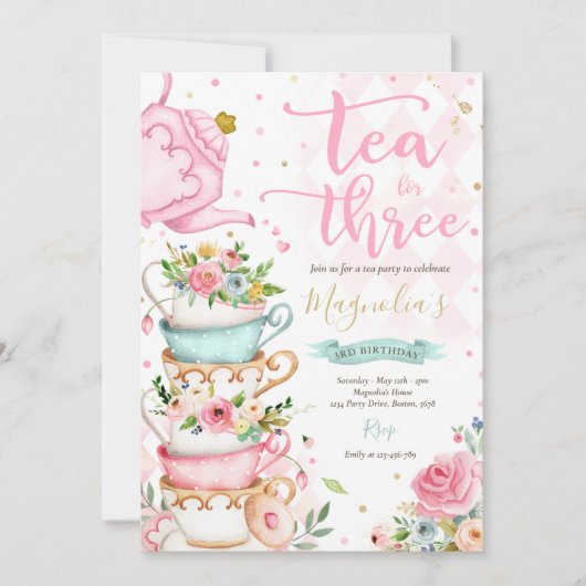 3人の誕生日パーティーピンクフローラティーパーティー 招待状 (正面)