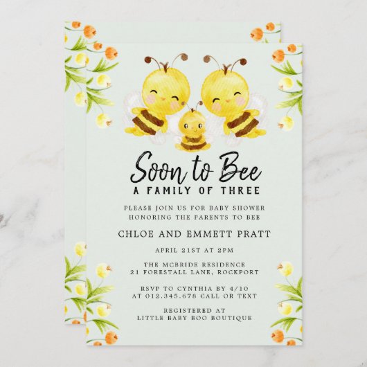 3人の赤ちゃんシャワーの家族になる 招待状 (正面/裏面)