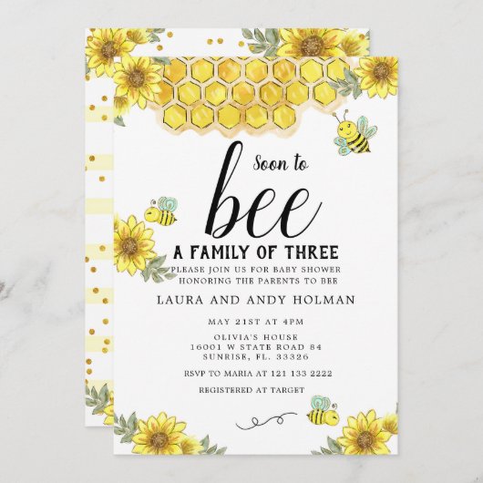 3人の赤ちゃんシャワーの家族になる 招待状 (正面/裏面)