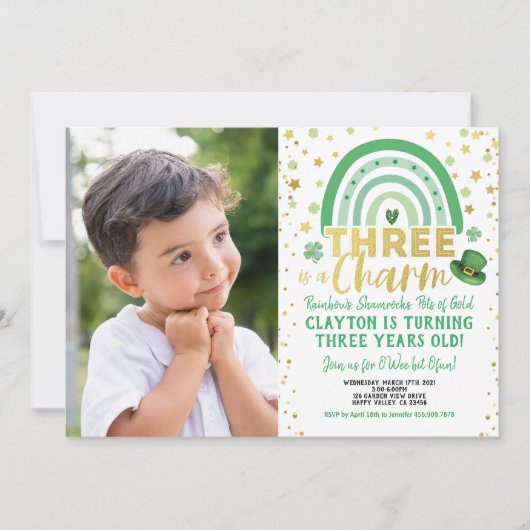3人はチャーム3歳の誕生日セント・パトリックの写真 招待状 (正面)