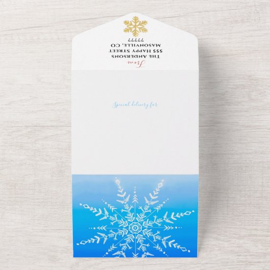 3人家族で顔をクリスマス雪だるまに追加 オールインワン招待状 (外側)