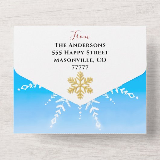 3人家族で顔をクリスマス雪だるまに追加 オールインワン招待状 (裏面)