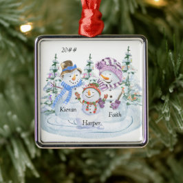 3人家族の可愛い雪だるまのオリジナルクリスマスグッズ メタルオーナメント