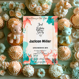 3人応援3歳の誕生日キツネ、フクロウ、鹿 招待状