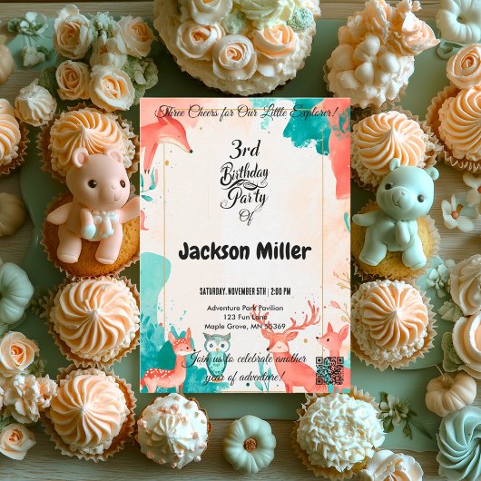 3人応援3歳の誕生日キツネ、フクロウ、鹿 招待状