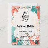 3人応援3歳の誕生日キツネ、フクロウ、鹿 招待状 (正面)