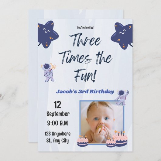 3倍のおもしろい、カスタマイズ可能な3回目の誕生日 招待状 (正面/裏面)