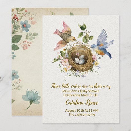 3倍の喜び: 三つ子のためのお祝い 招待状 (正面/裏面)