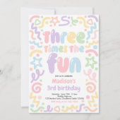 3倍楽しいコンフェッティ風船 3歳の誕生日 招待状 (正面)