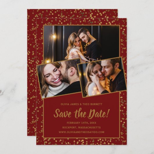 3写真エレガントブルゴーニュ赤金ゴールド セーブザデート (正面/裏面)