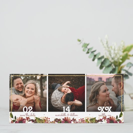 3写真エレガントブルゴーニュ金ゴールド水彩フローラ セーブザデート (スタンド正面)