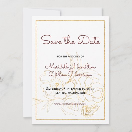 3写真エレガントブルゴーニュ金ゴールド赤面ピンクフローラ セーブザデート (裏面)