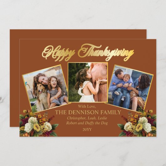 3写真エレガント家族フローラハッピー感謝祭 シーズンカード (正面/裏面)