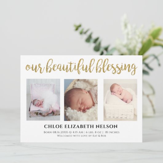 3写真エレガント私たちの美賛美しい金ゴールドシンプル 案内状 (スタンド正面)