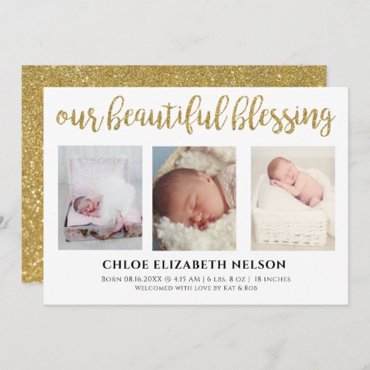 3写真エレガント私たちの美賛美しい金ゴールドシンプル 案内状 (正面/裏面)