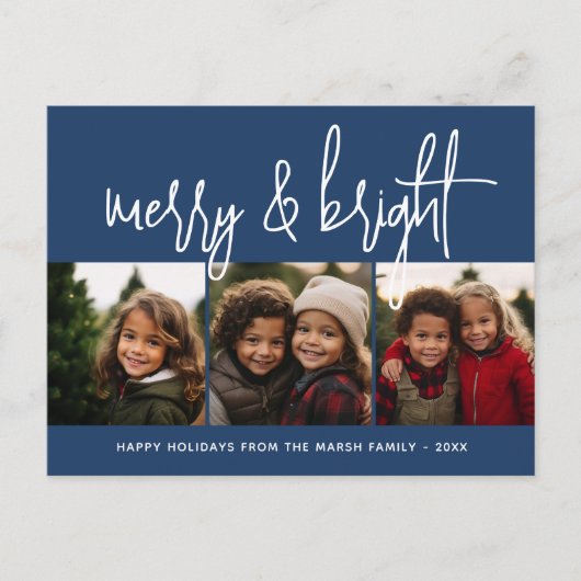 3写真クリスマスコラージュメリー- & Bright – 海軍 シーズンポストカード (正面)