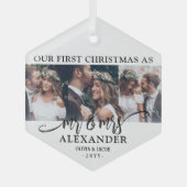 3写真クリスマス白黒六角 ガラスオーナメント (正面)