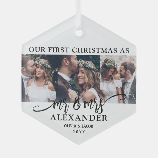 3写真クリスマス白黒六角 ガラスオーナメント (正面)