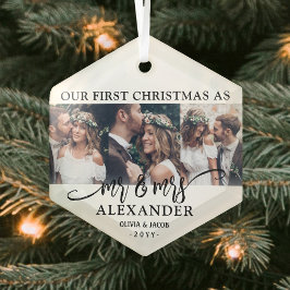 3写真クリスマス白黒六角 ガラスオーナメント