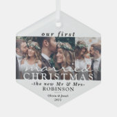 3写真クリスマス結婚した六角モダン角 ガラスオーナメント (正面)