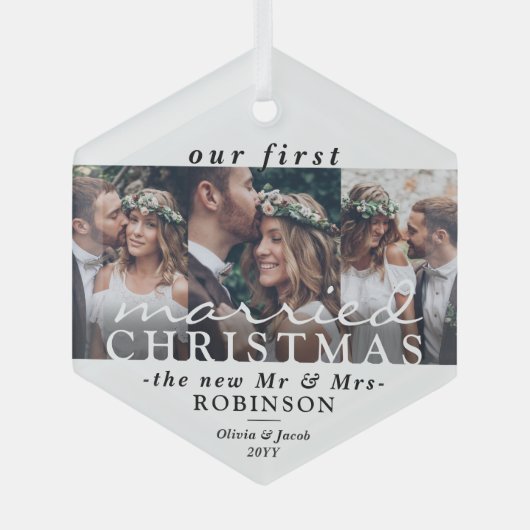 3写真クリスマス結婚した六角モダン角 ガラスオーナメント (正面)