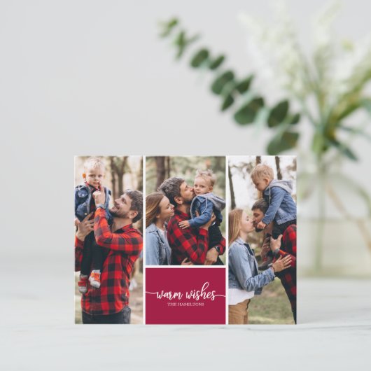 3写真コラージュ暖かい願いシンプルクリスマス ポストカード (スタンド正面)