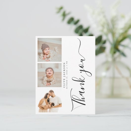 3写真スタイリッシュ赤ちゃんシャワーありがとう ポストカード (スタンド正面)