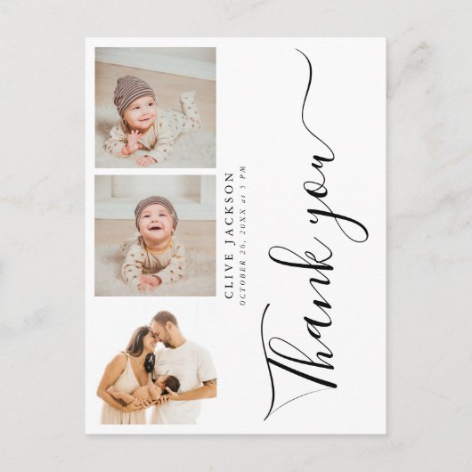 3写真スタイリッシュ赤ちゃんシャワーありがとう ポストカード (正面)