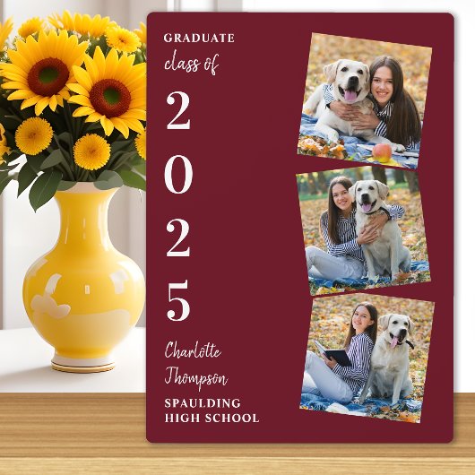 3写真パーソナライズされたブルゴーニュ卒業 フォトプラーク