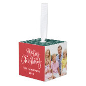 3写真パーソナライズされた家族クリスマス キューブオーナメント (正面アングル)