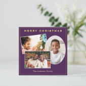 3写真パープル&金ゴールドフェイク名前をカスタムするクリスマス シーズンカード (スタンド正面)