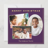 3写真パープル&金ゴールドフェイク名前をカスタムするクリスマス シーズンカード (正面)