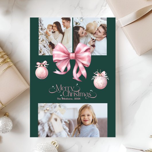 3写真ピンクレトロヴィンテージクリスマス シーズンカード