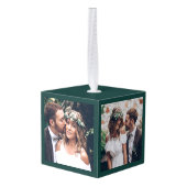 3写真ファースト結婚したクリスマス新婚グリーン キューブオーナメント (裏面アングル)