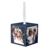 3写真ファースト結婚したクリスマス新婚ブルー キューブオーナメント (裏面アングル)