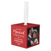 3写真ファースト結婚したクリスマス新婚レッド キューブオーナメント (正面アングル)