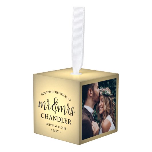 3写真ミセス・初めてのクリスマスズフェイク金箔 キューブオーナメント (正面アングル)