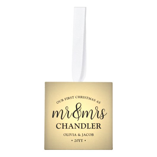 3写真ミセス・初めてのクリスマスズフェイク金箔 キューブオーナメント (正面)