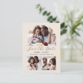 3写真ミニマルアーチQRコードBeige日付を保存 ポストカード (スタンド正面)