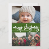 3写真メリークリスマス – 緑の赤レトロストライプ シーズンカード (正面)