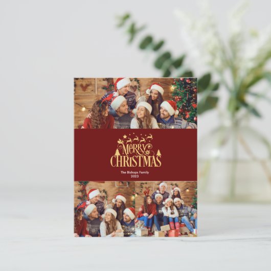 3写真メリーモダンクリスマスの金ゴールド挨拶 シーズンカード (スタンド正面)