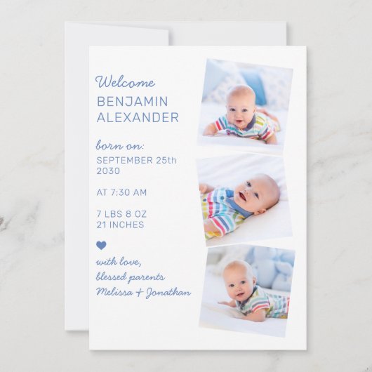 3写真モダンコラージュ可愛い生まれたばかりのベビー誕生 案内状 (正面)