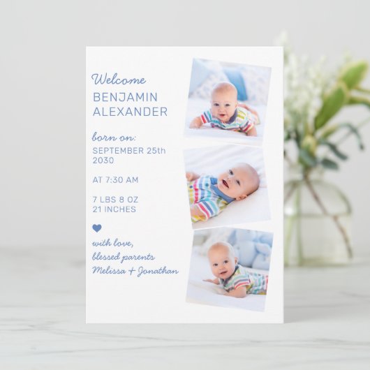 3写真モダンコラージュ可愛い生まれたばかりのベビー誕生 案内状 (スタンド正面)