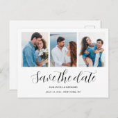 3写真モダンコラージュ日付を保存結婚する 案内ポストカード (正面/裏面)