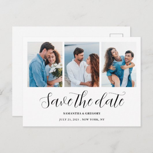 3写真モダンコラージュ日付を保存結婚する 案内ポストカード (正面/裏面)