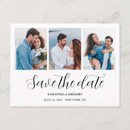 3写真モダンコラージュ日付を保存結婚する 案内ポストカード (正面)