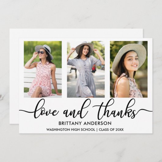 3写真モダン卒業式の愛と感謝していW 案内状 (正面/裏面)