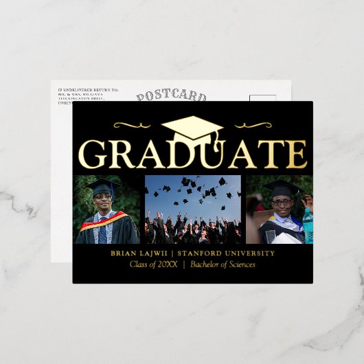 3写真モダン卒業発表実在 箔招待状ポストカード (正面/裏面)