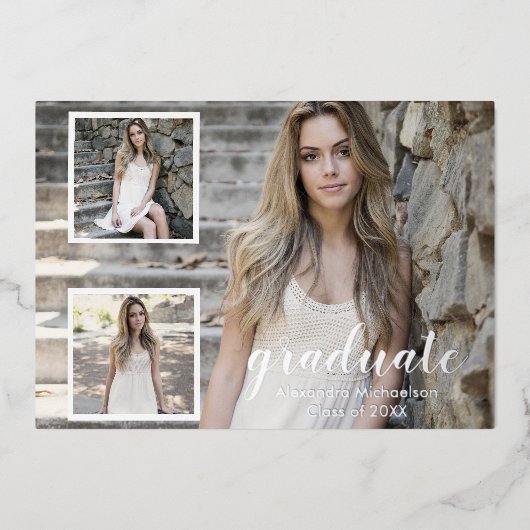 3写真モダン卒業発表 箔招待状 (正面)