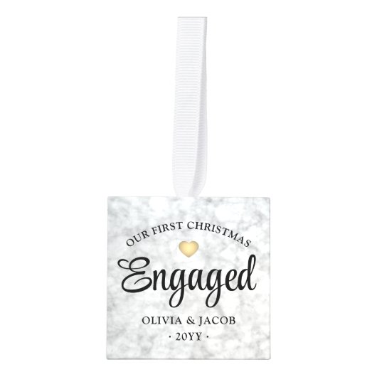 3写真初めてのクリスマス婚約したフェイク大理石 キューブオーナメント (正面)